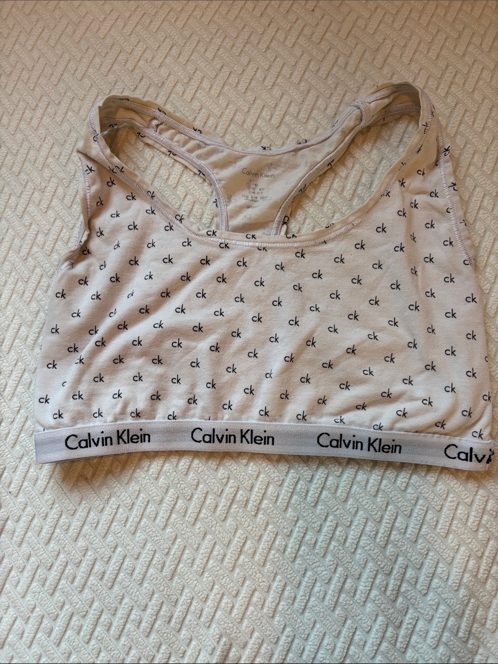 Calvin Klein White 'ck' Logo Racerback Bralette, lightly worn